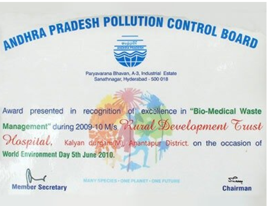 RDT Bathalapalli Hospital is recognised for the best management of bio- medical waste (2003,2010)