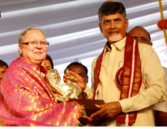 Government of Andhra Pradesh recognises Anne Ferrer's contribution to rural development with the Hamsa Award given on the eve of Ugadi Puraskaralu (Vijayawada, 2015)