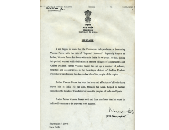 Recognition in the form of a letter from Honoroouble Ex-President of India, Sri KR Narayanan, for 30 years of work for the development of Anantapur District (1998)